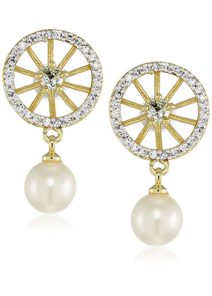 Estele 24 Kt Gold and Silver Plated American Diamond Sapphire Wheel Pearl Stud Earrings - Indian Silk House Agencies