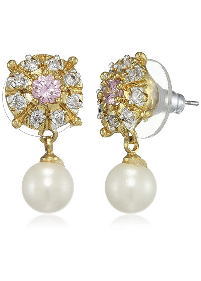 Estele Brass 24 Kt Gold Plated American Diamond Rose CZ Nakshatra Pearl Drop Earrings for Girls - Indian Silk House Agencies