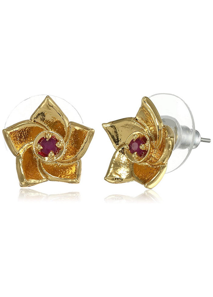 Estele Brass 24 Kt Gold Plated Cz Ruby Vinca rosea Stud Earrings For Girls - Indian Silk House Agencies