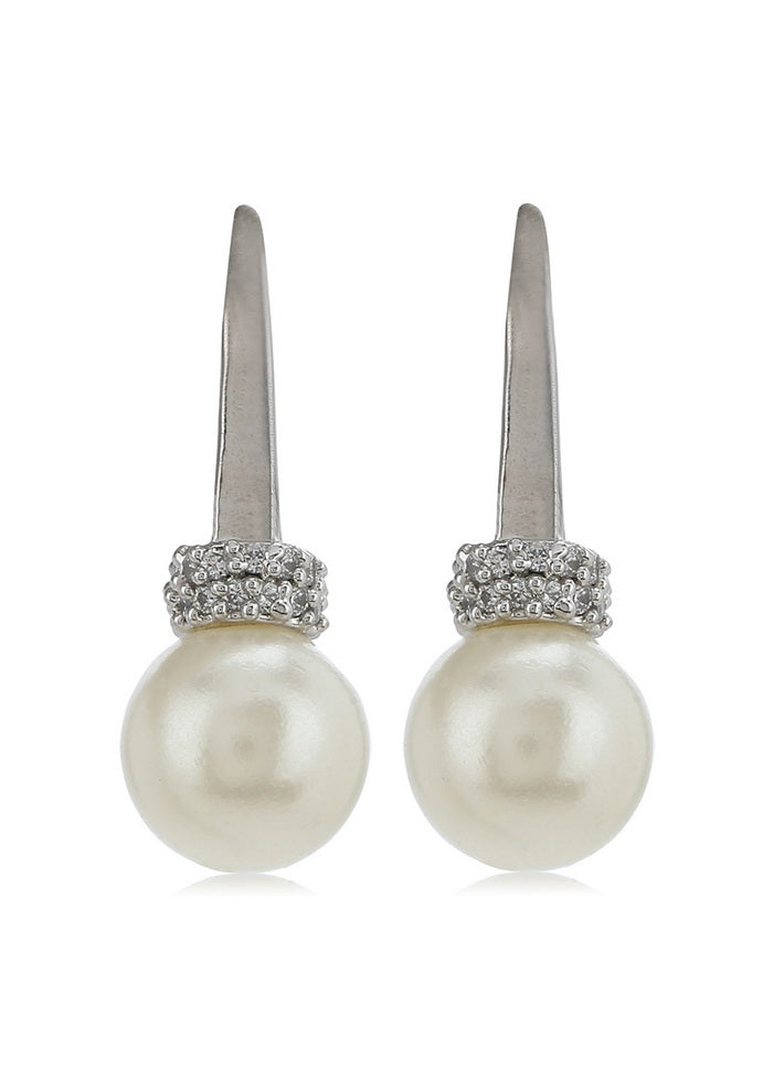 Estele Non Precious Metal Gold Rhodium Plated American Diamond hook Pearl Drop Earrings for Womens - Indian Silk House Agencies