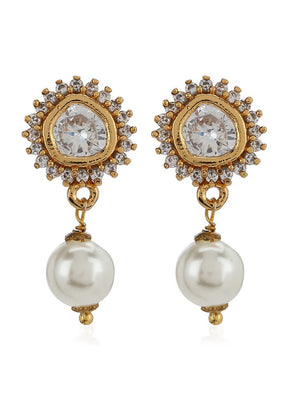 ESTELE 24 kt Gold Plated White American Diamond Stone Pearl drop Earring - Indian Silk House Agencies