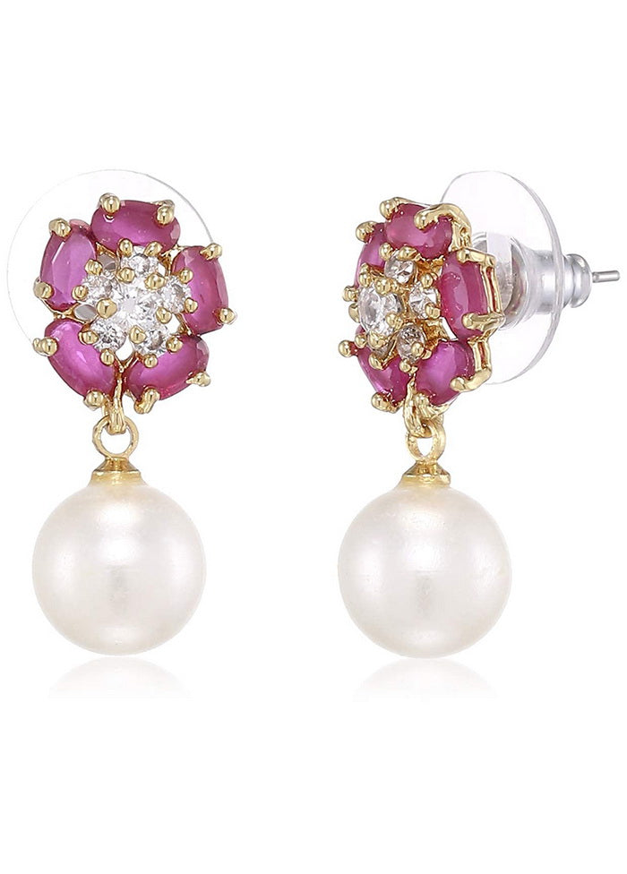 Estele 24 Kt Gold Plated American Diamond Oval Ruby Flower Pearl Drop Earrings - Indian Silk House Agencies