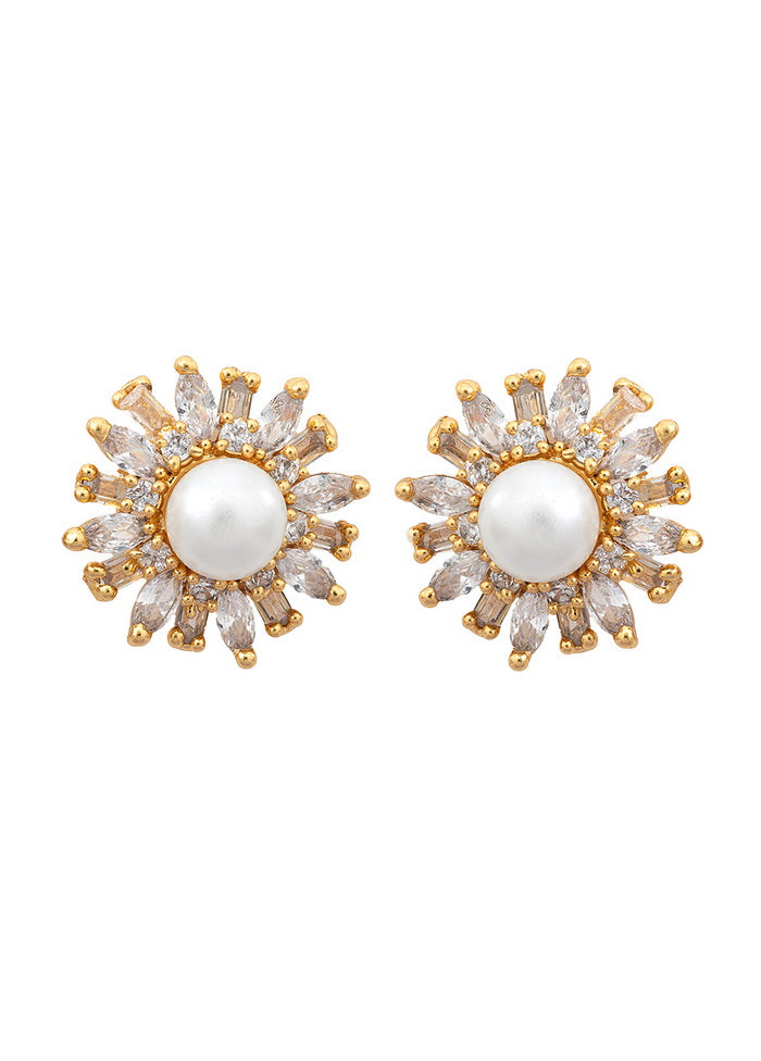 Estele 24 Kt Gold Plated Brass American Diamond and Baguettes Pearl Flower Stud Earrings for Girls - Indian Silk House Agencies