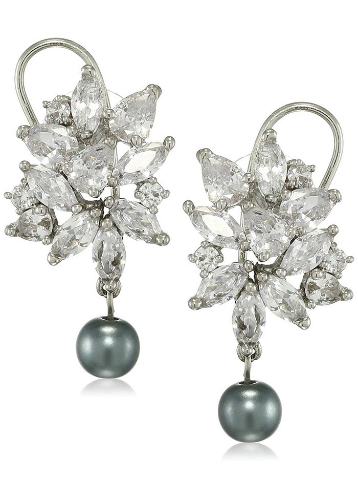 Estele Brass Rhodium Plated American Diamond Pear Marquise cluster Grey Pearl Girls Drop Earrings - Indian Silk House Agencies
