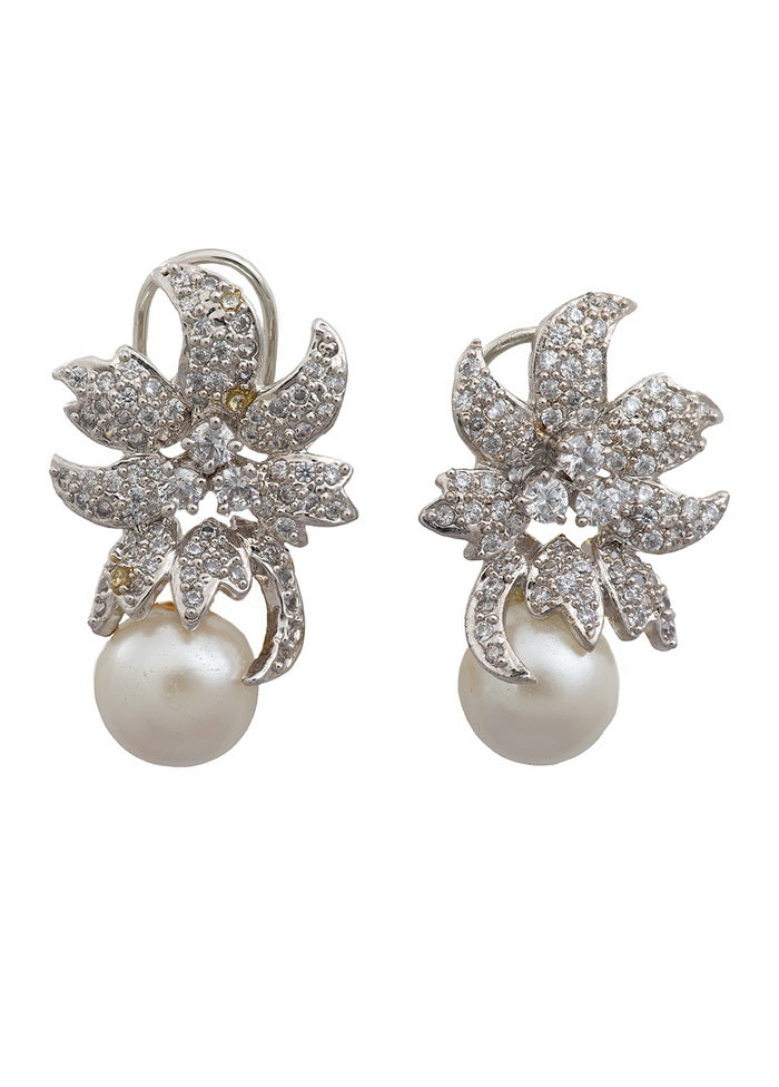 Estele Brass Rhodium Plated American Diamond Bell flower Golden Pearl Stud Earrings For Girls - Indian Silk House Agencies