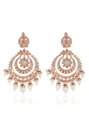 Estele Non Precious Metal 24Kt Rose Gold Plated Fancy Earrings With American Diamond Stone and Pearl - Indian Silk House Agencies