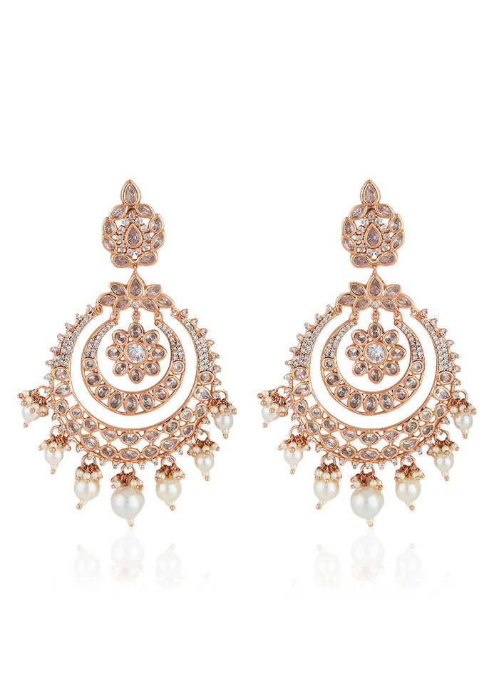 Estele Non Precious Metal 24Kt Rose Gold Plated Fancy Earrings With American Diamond Stone and Pearl - Indian Silk House Agencies