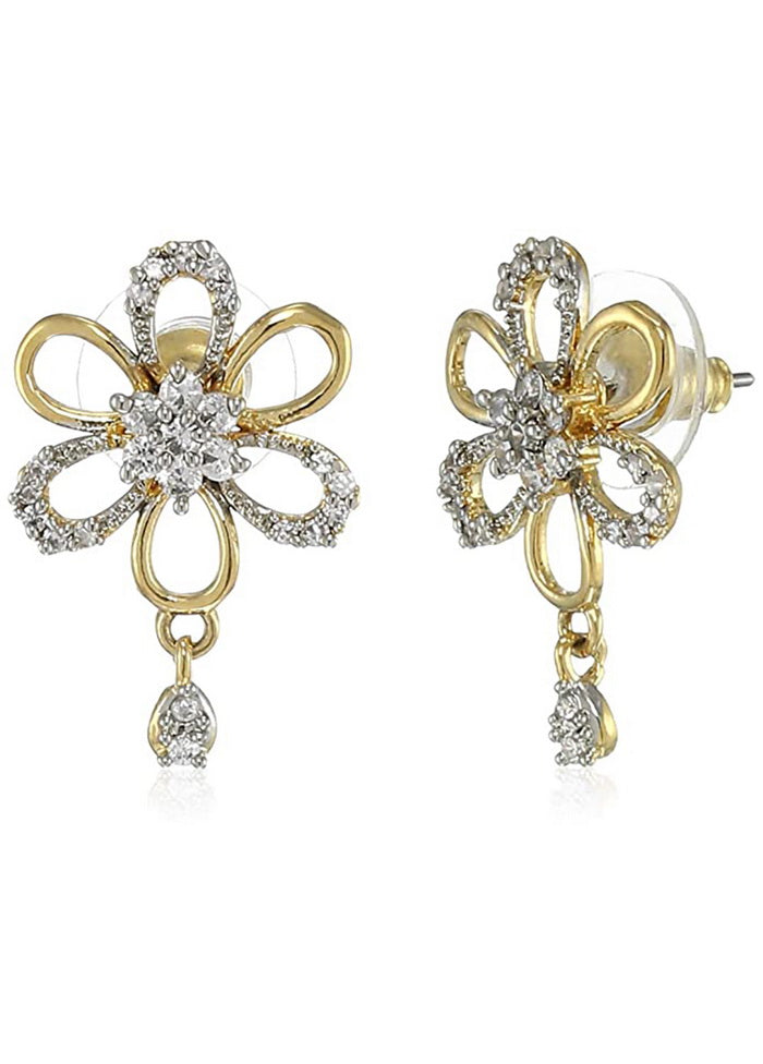 Estele 24 Kt Gold Plated American diamond Flower Drop Earrings - Indian Silk House Agencies