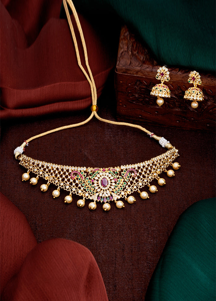 Gold Plated CZ Bridal Choker Necklace Set - Indian Silk House Agencies