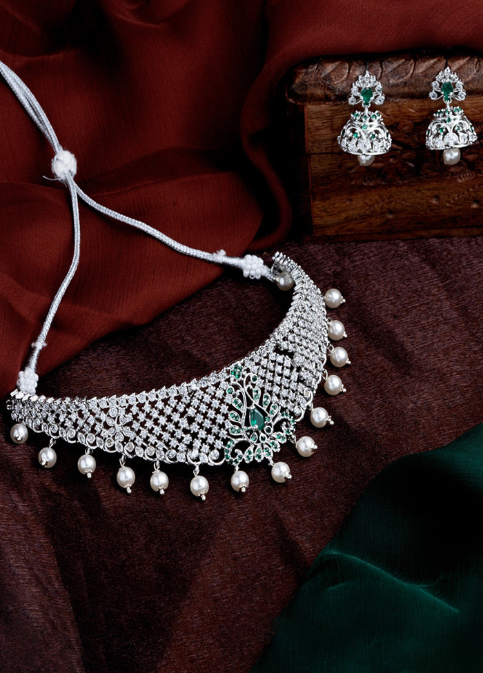 Rhodium Plated CZ Traditional Bridal Choker Set - Indian Silk House Agencies