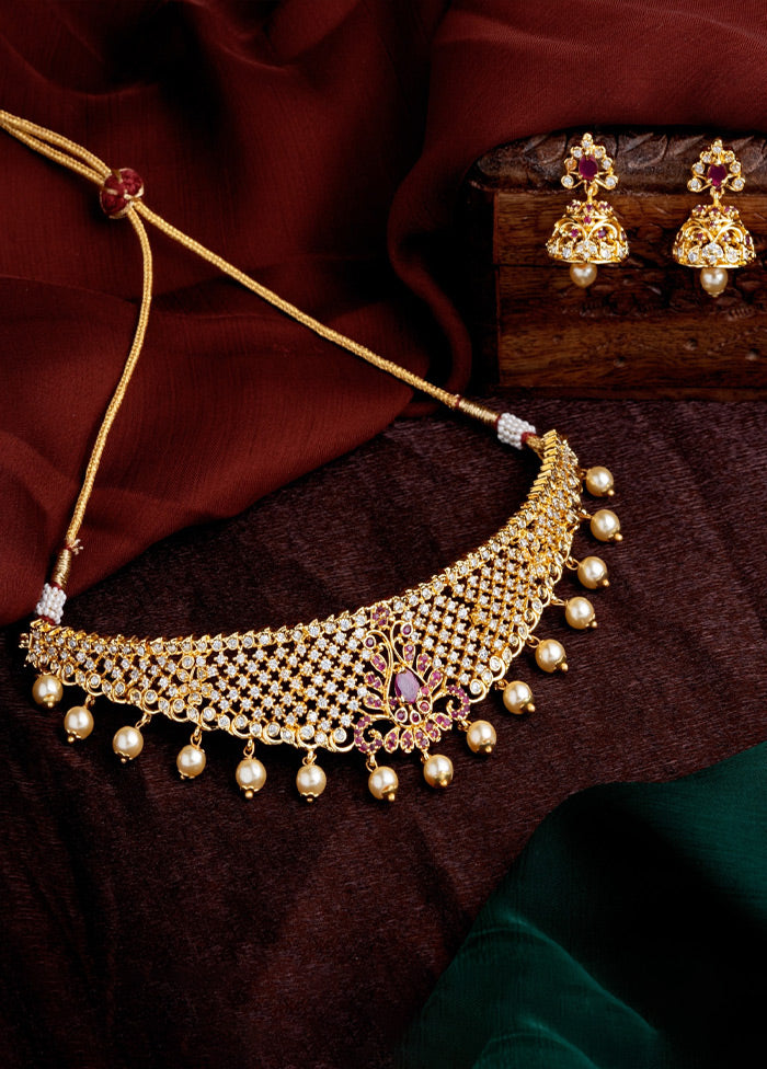 Gold Plated CZ Traditional Bridal Choker Set - Indian Silk House Agencies