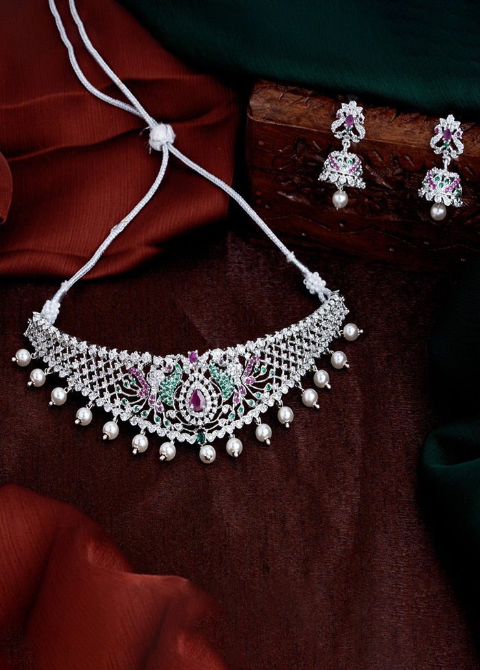 Rhodium Plated CZ Peacock Designer Bridal Choker Necklace Set - Indian Silk House Agencies