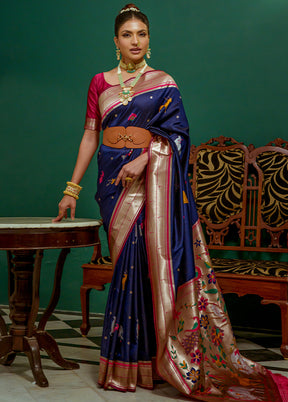 Navy Blue Dupion Silk Saree With Blouse Piece - Indian Silk House Agencies