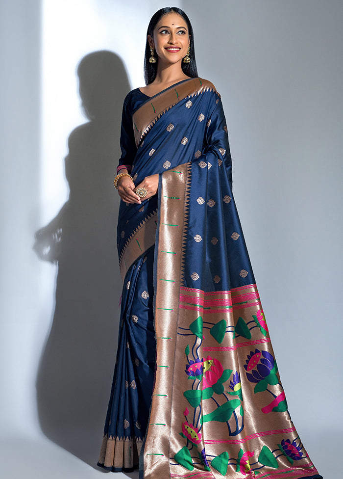 Navy Blue Dupion Silk Saree With Blouse Piece - Indian Silk House Agencies