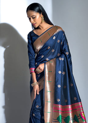 Navy Blue Dupion Silk Saree With Blouse Piece - Indian Silk House Agencies