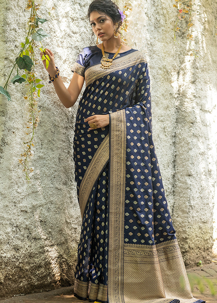 Navy Blue Spun Silk Saree With Blouse Piece - Indian Silk House Agencies