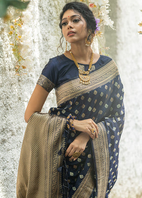 Navy Blue Spun Silk Saree With Blouse Piece - Indian Silk House Agencies