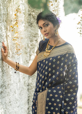 Navy Blue Spun Silk Saree With Blouse Piece - Indian Silk House Agencies