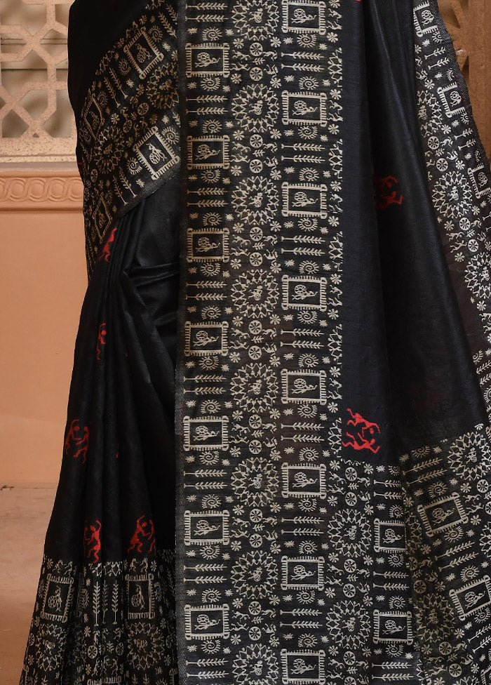 Black Dupion Silk Saree With Blouse Piece - Indian Silk House Agencies