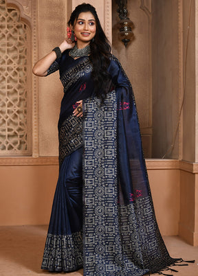 Navy Blue Dupion Silk Saree With Blouse Piece - Indian Silk House Agencies