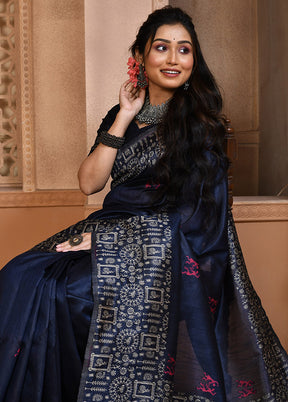 Navy Blue Dupion Silk Saree With Blouse Piece - Indian Silk House Agencies