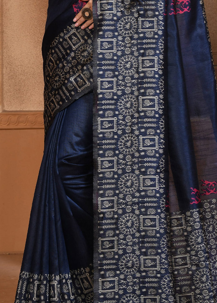 Navy Blue Dupion Silk Saree With Blouse Piece - Indian Silk House Agencies