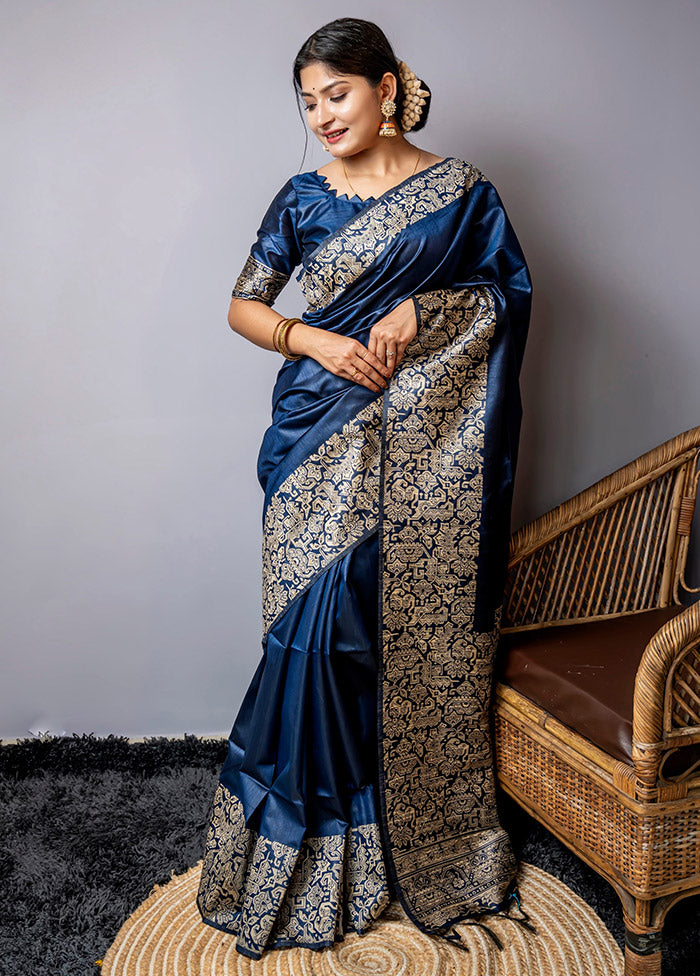 Navy Blue Dupion Silk Saree With Blouse Piece - Indian Silk House Agencies