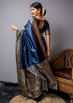 Navy Blue Dupion Silk Saree With Blouse Piece - Indian Silk House Agencies