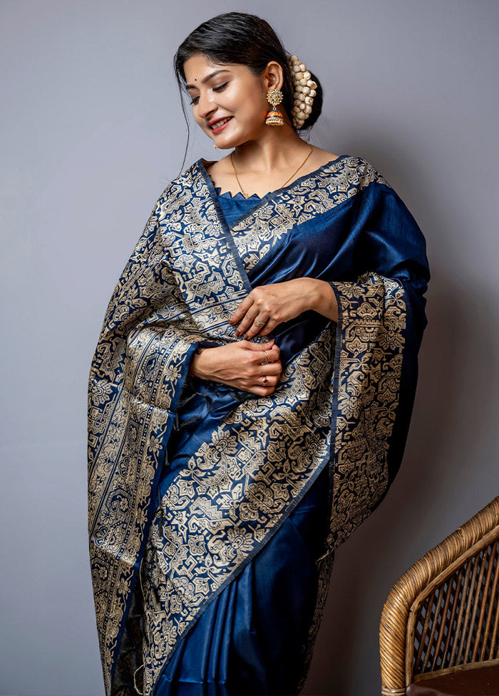 Navy Blue Dupion Silk Saree With Blouse Piece - Indian Silk House Agencies