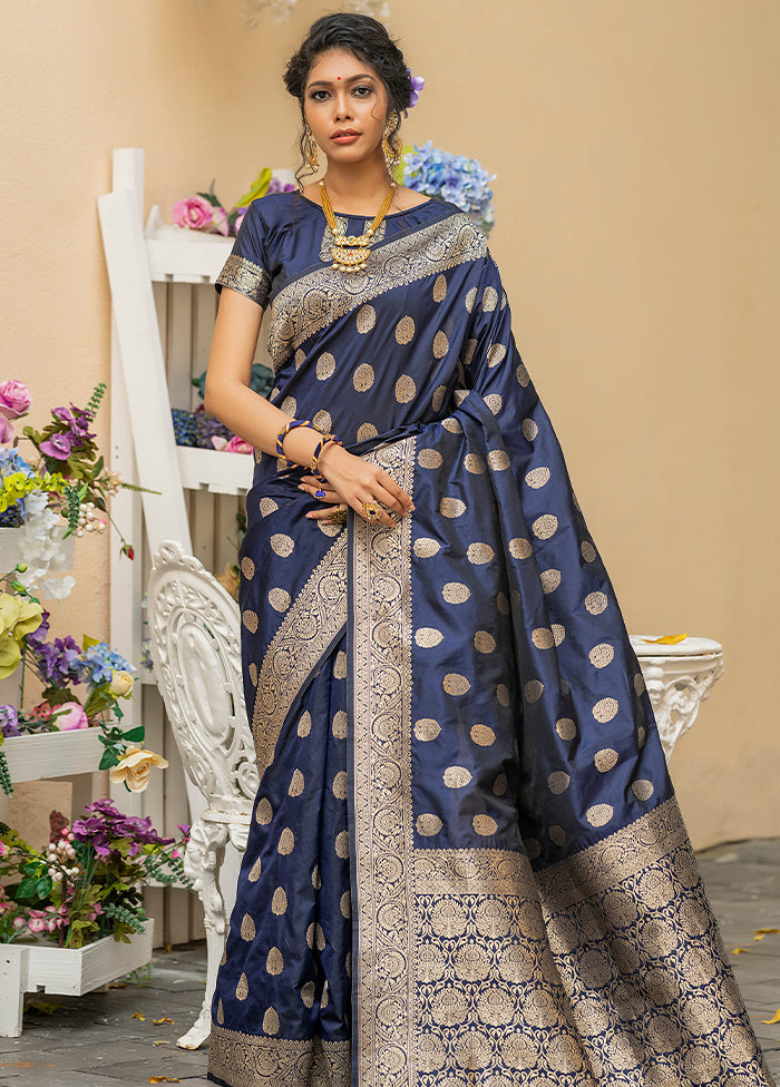 Navy Blue Silk Saree With Blouse Piece - Indian Silk House Agencies