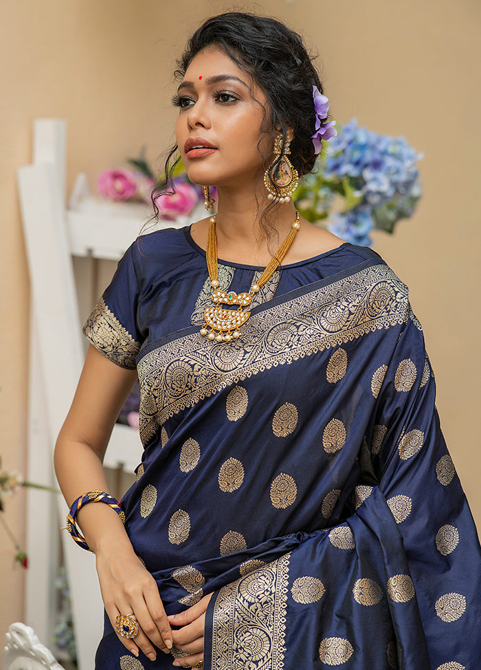 Navy Blue Silk Saree With Blouse Piece - Indian Silk House Agencies