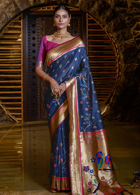 Navy Blue Dupion Silk Saree With Blouse Piece - Indian Silk House Agencies