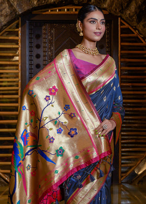 Navy Blue Dupion Silk Saree With Blouse Piece - Indian Silk House Agencies