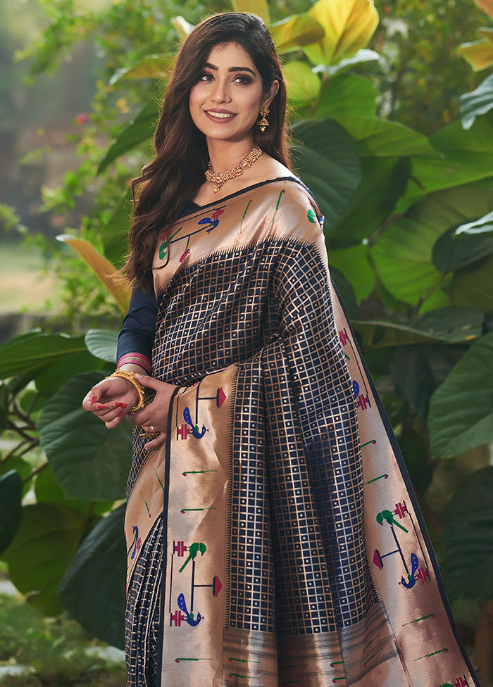 Navy Blue Spun Silk Saree With Blouse Piece - Indian Silk House Agencies