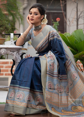 Navy Blue Dupion Silk Saree With Blouse Piece - Indian Silk House Agencies