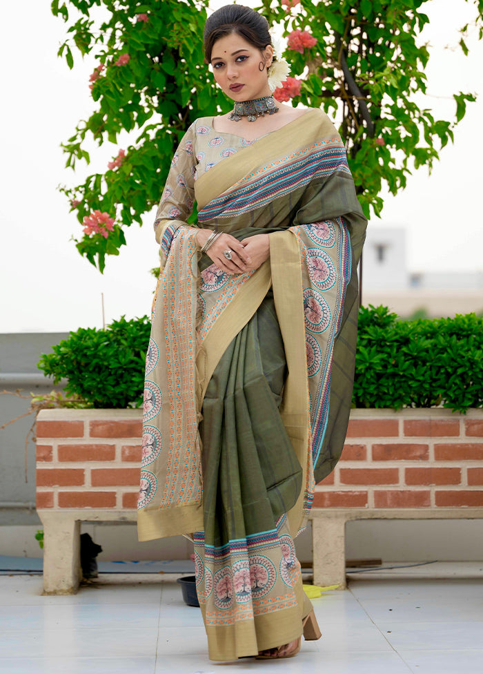 Olive Green Dupion Silk Saree With Blouse Piece - Indian Silk House Agencies