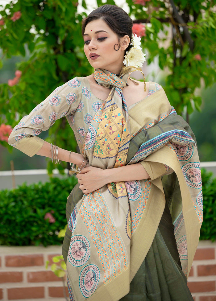 Olive Green Dupion Silk Saree With Blouse Piece - Indian Silk House Agencies