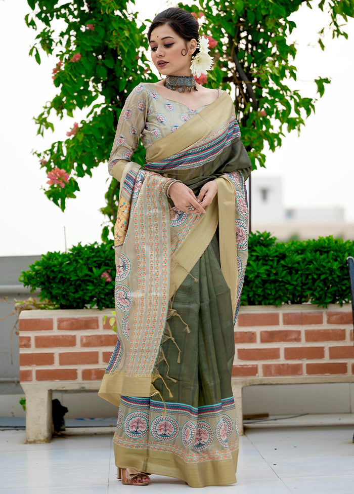 Olive Green Dupion Silk Saree With Blouse Piece - Indian Silk House Agencies