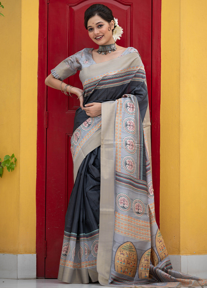 Dark Grey Dupion Silk Saree With Blouse Piece - Indian Silk House Agencies