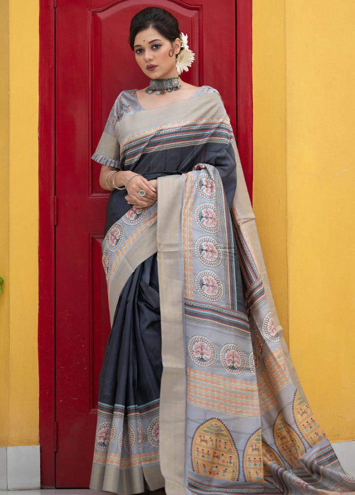Dark Grey Dupion Silk Saree With Blouse Piece - Indian Silk House Agencies