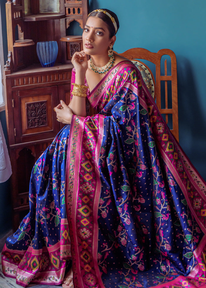 Navy Blue Dupion Silk Saree With Blouse Piece - Indian Silk House Agencies