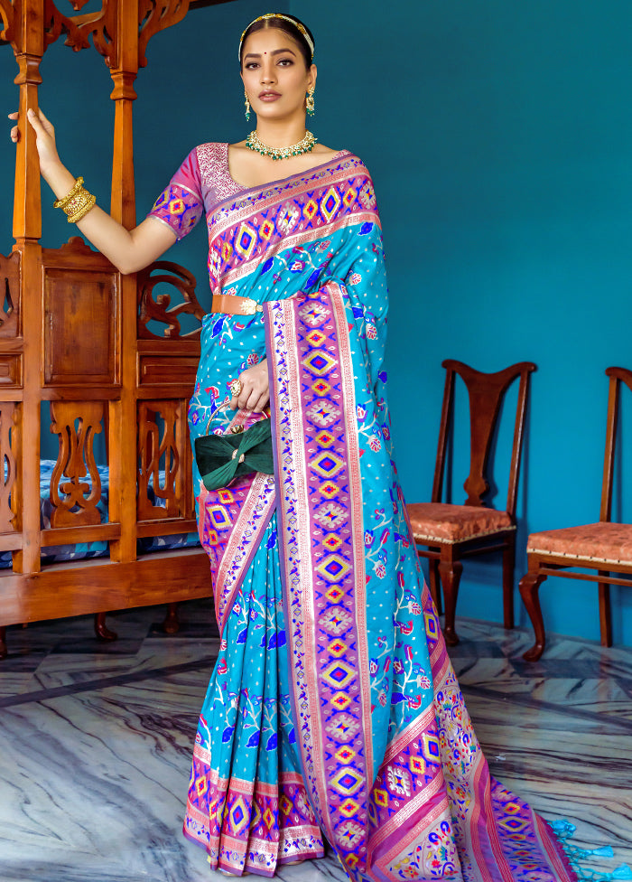 Turquoise Blue Dupion Silk Saree With Blouse Piece - Indian Silk House Agencies