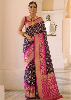 Navy Blue Dupion Silk Saree With Blouse Piece - Indian Silk House Agencies