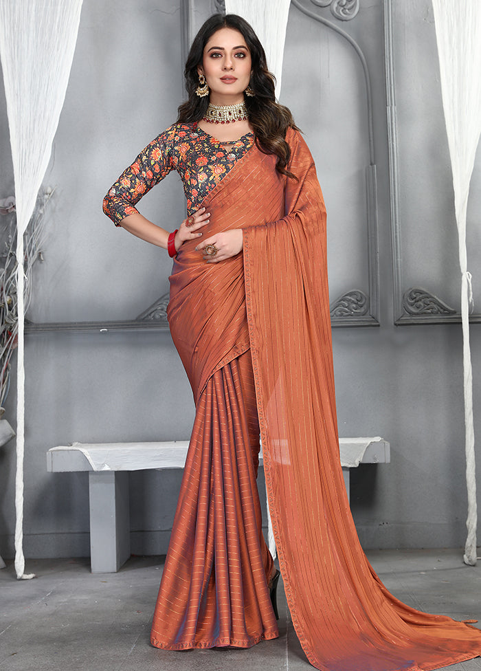 Orange Dupion Silk Saree With Blouse Piece - Indian Silk House Agencies