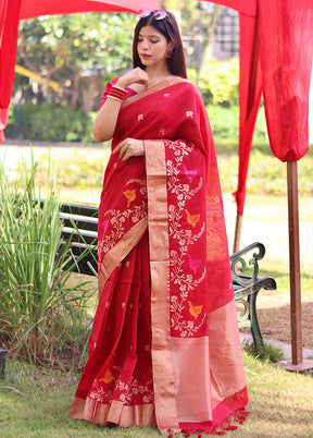 Red Cotton Saree With Blouse Piece - Indian Silk House Agencies