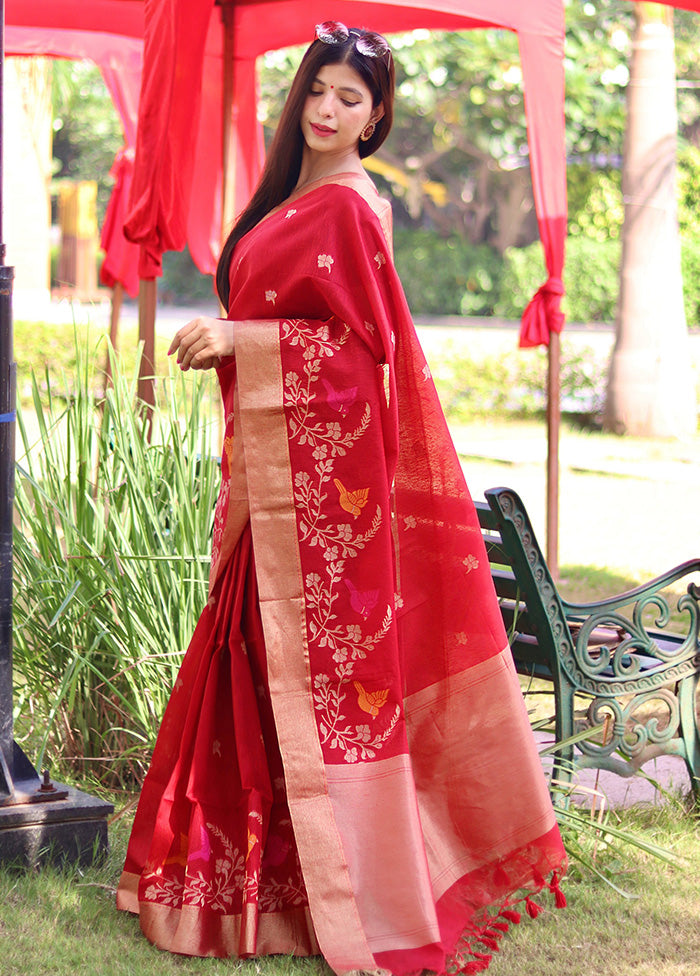 Red Cotton Saree With Blouse Piece - Indian Silk House Agencies