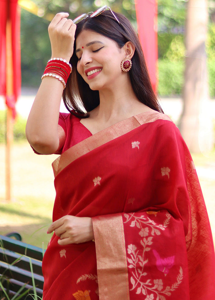 Red Cotton Saree With Blouse Piece - Indian Silk House Agencies