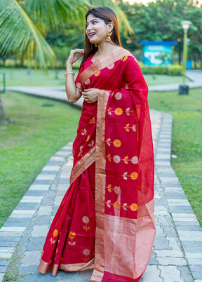 Red Cotton Saree With Blouse Piece - Indian Silk House Agencies