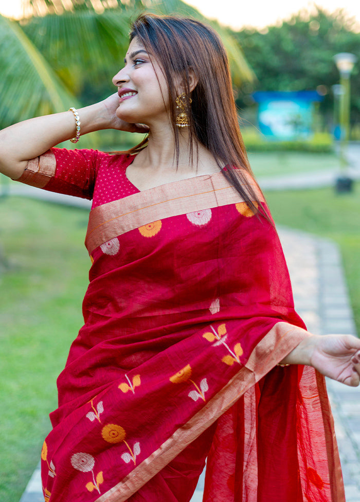 Red Cotton Saree With Blouse Piece - Indian Silk House Agencies