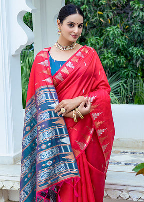 Red Dupion Silk Saree With Blouse Piece - Indian Silk House Agencies